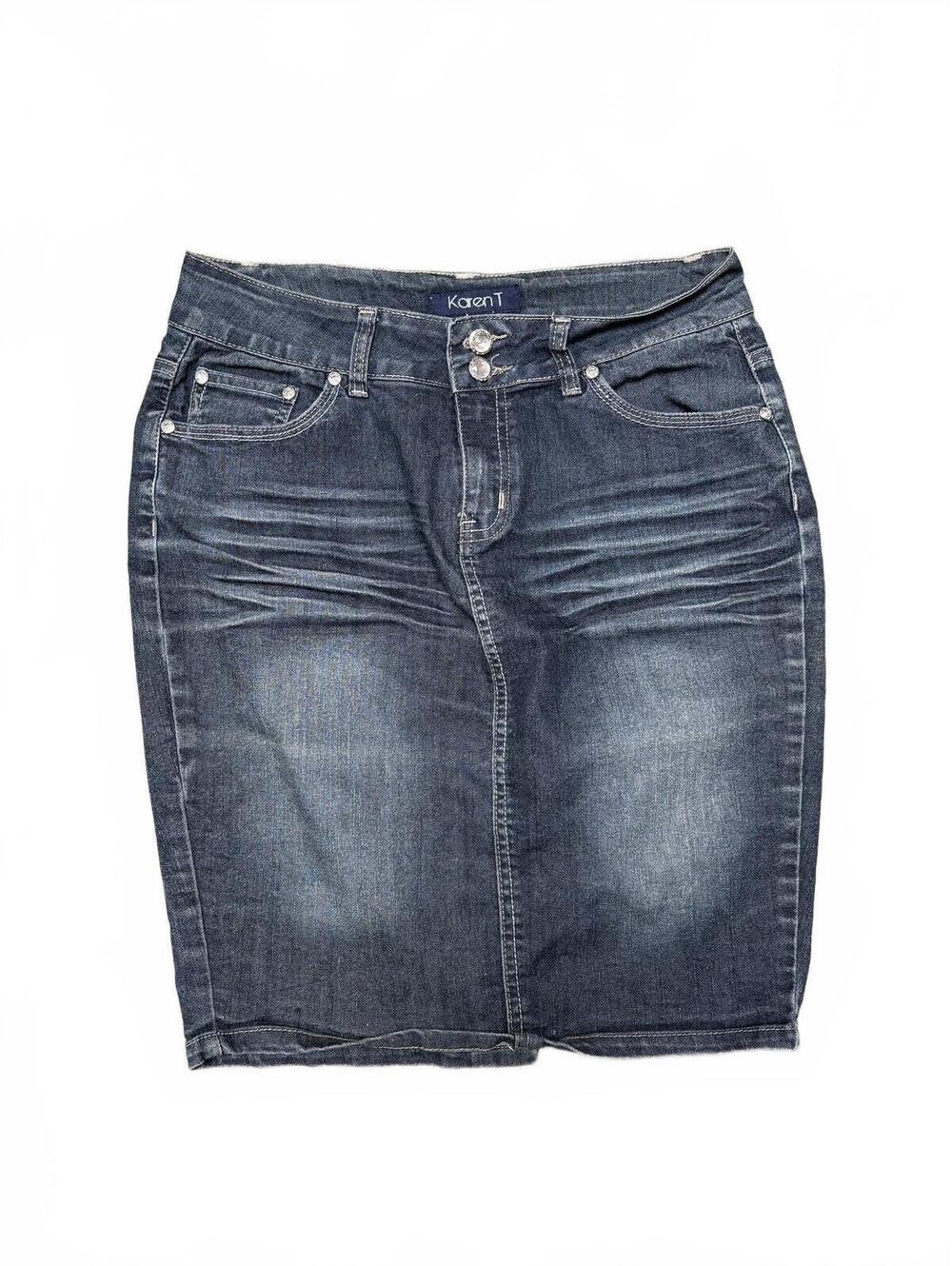 Karen T Women's Dark Wash Denim Pencil Skirt Rhinestone Embellished Bling Small